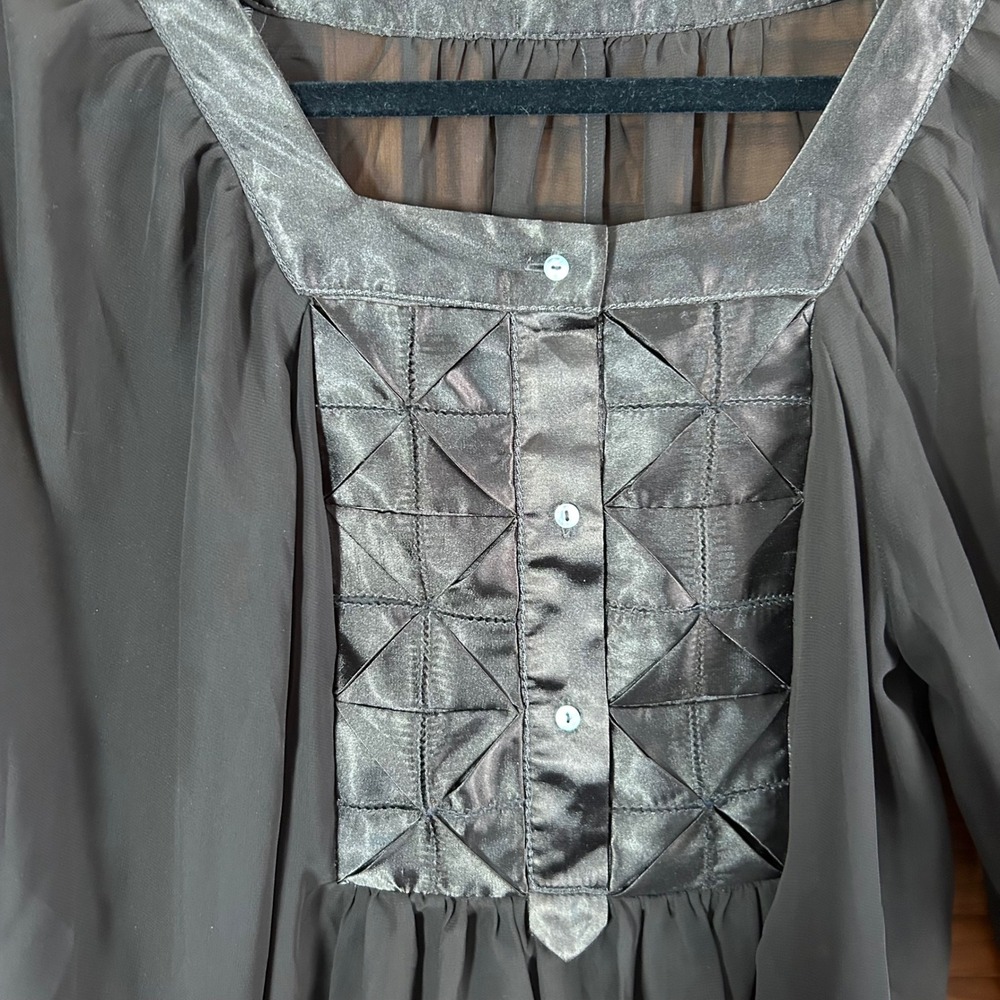 Sheer Brown Chiffon  Quilted Satin Bib Peasant Blouse Square Neck Balloon Sleeve